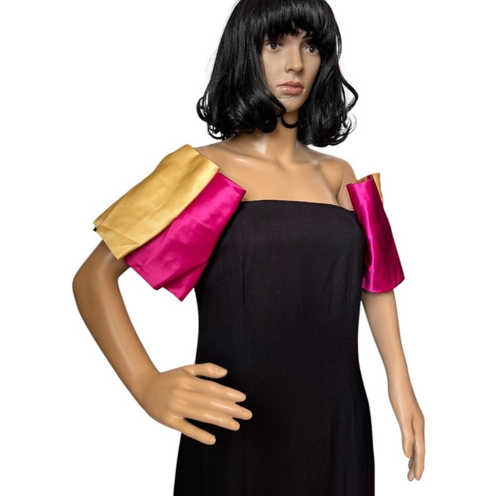 Vintage 80's black with off shoulder multi colors puff satin sleeves size s-m - Picture 16 of 16